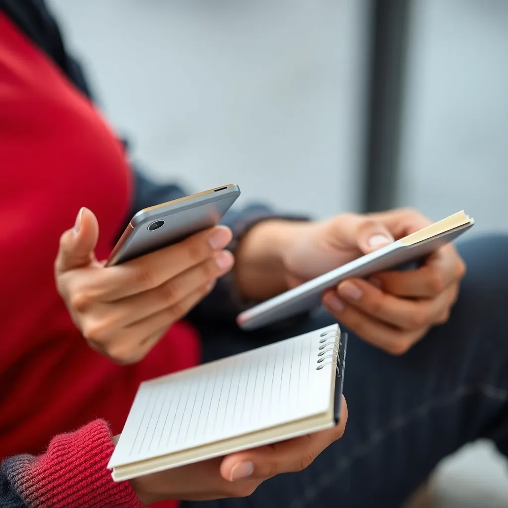 A person using a laptop and a phone, ready to take notes